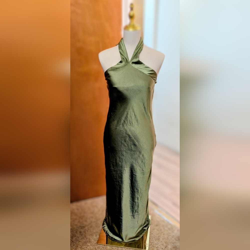 Petal & Pup Olive Green Strapless Satin Halter Maxi Dress